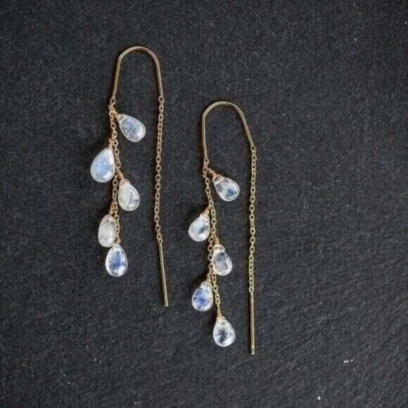 Rainbow Moonstone Threader Earrings Gemstone Dangle Earring Non-tarnish Gold - Picture 6 of 14